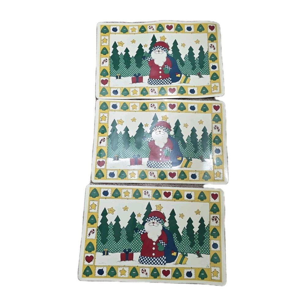 Vintage Santa Christmas Vinyl Foam Placemats Lot of 3 Rectangular 90s